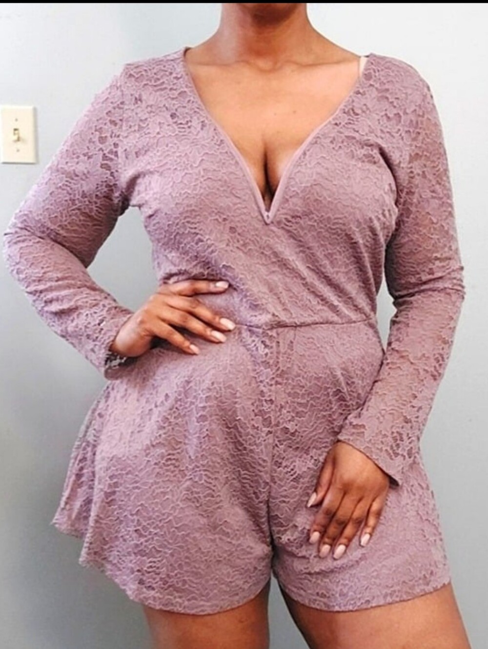 Fashion Nova Dusty Mauve Lace Long Sleeve V-Neck Romper